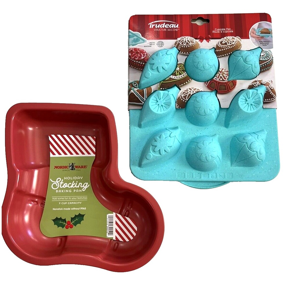 Nordic Ware Holiday Stocking Cake Pan & Trudeau Silicone Ornament Cupcake Pan